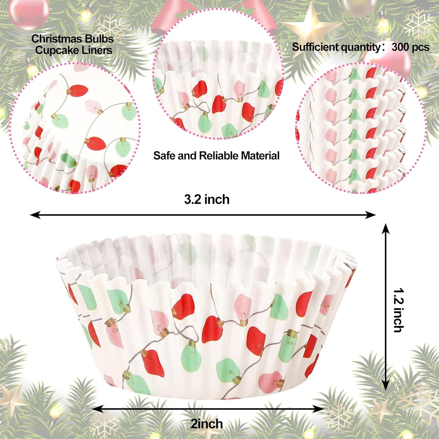 Whaline 300Pcs Christmas Paper Baking Cups Light Bulb Cupcake Liners Xmas Winter Muffin Liner Cake Paper Cups Storage Container for Holiday Party DIY Craft, 2 x 1.2 Inch