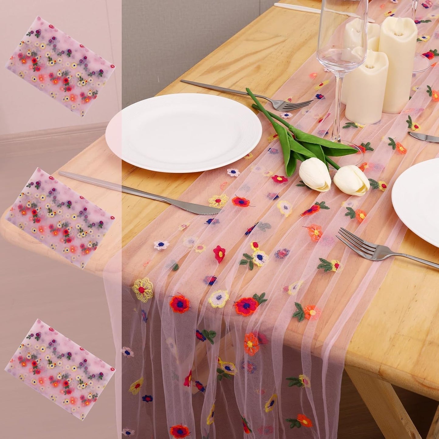 3PCS Pink Floral Table Runner 10 FT, Embroidery Daisy Table Runners Seasonal Sheer Tulle Table Runner for Thanksgiving Wedding Birthday Baby Shower Party