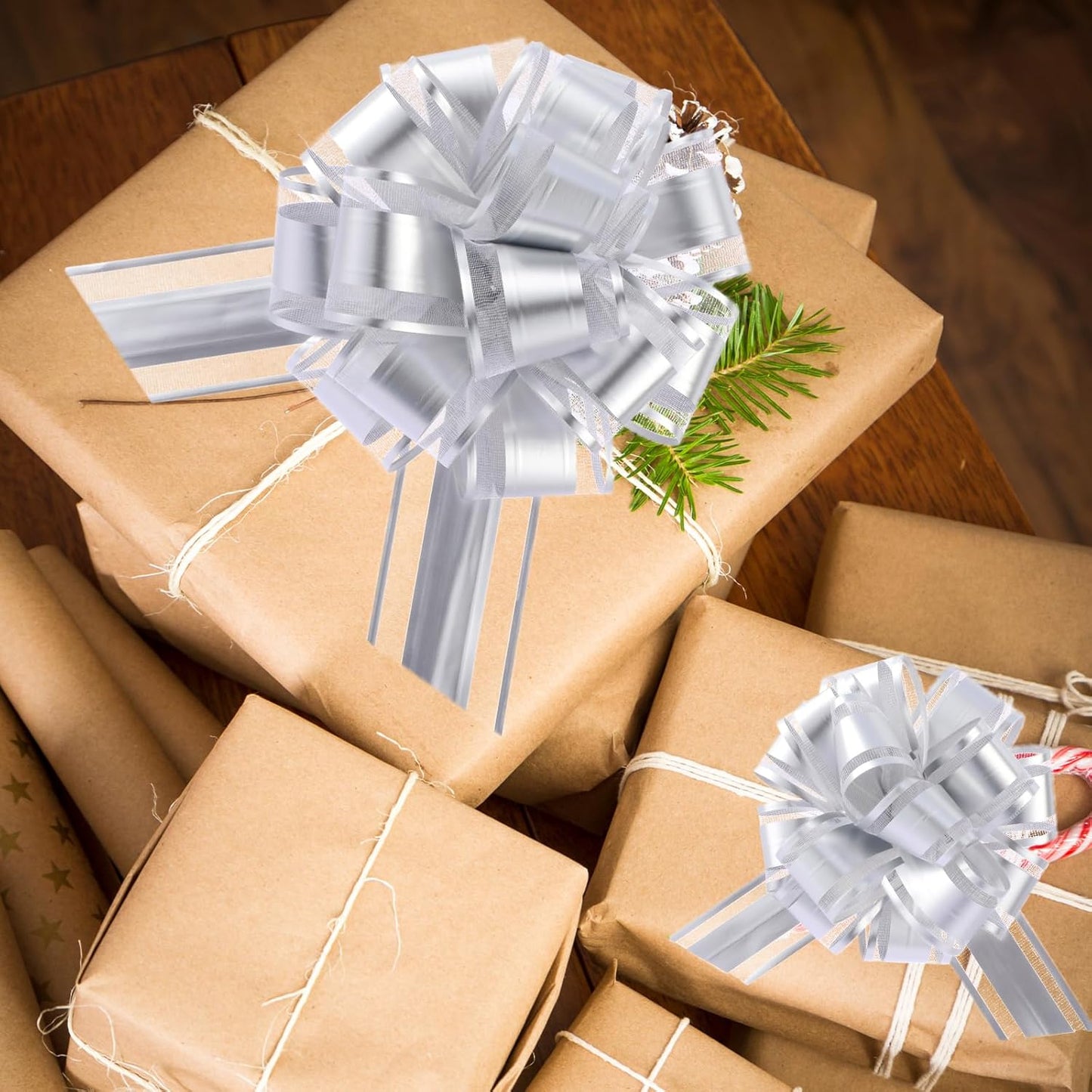 40 Pieces 6 Inches and 3 Inches Pull Bow Wrapping Pull Bow Ribbon Pull Bows for Wedding Baskets,Large Bows for Presents. (Silver)