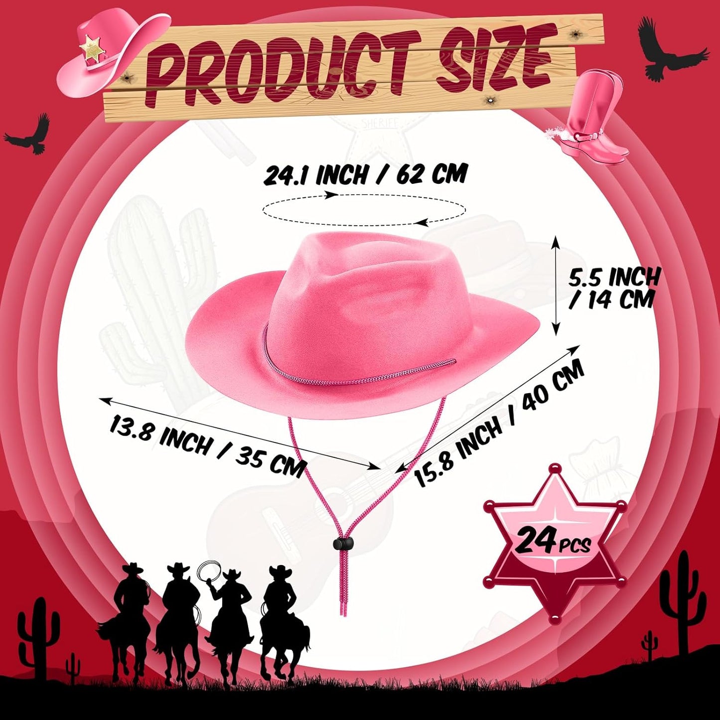 Mepase 24 Pieces Disposable Plastic Western Cowboy Hat Set Felt Wide Brimmed Cowgirl Hats for Men Women Costume Party(Pink)
