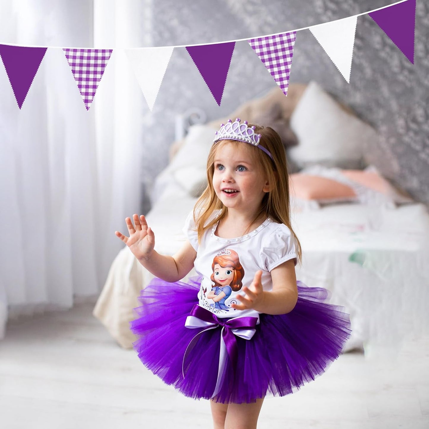 32Ft Purple Party Decorations Purple Buffalo Plaid Checkered White Triangle Flag Gingham Pennant Banner Fabric Garland for Wedding Birthday Picnic BBQ Outdoor Lavender Mermaid Party Decor Supplies