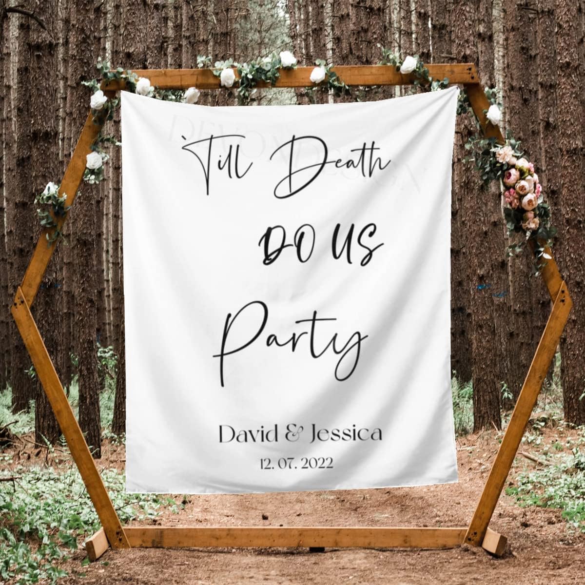 Till Death Do Us Party Backdrop - Custom Tapestry with Names and Date, Rustic Sign, Personalized Calligraphy Banner for Ceremony, Reception Backdrop, Wedding Arch