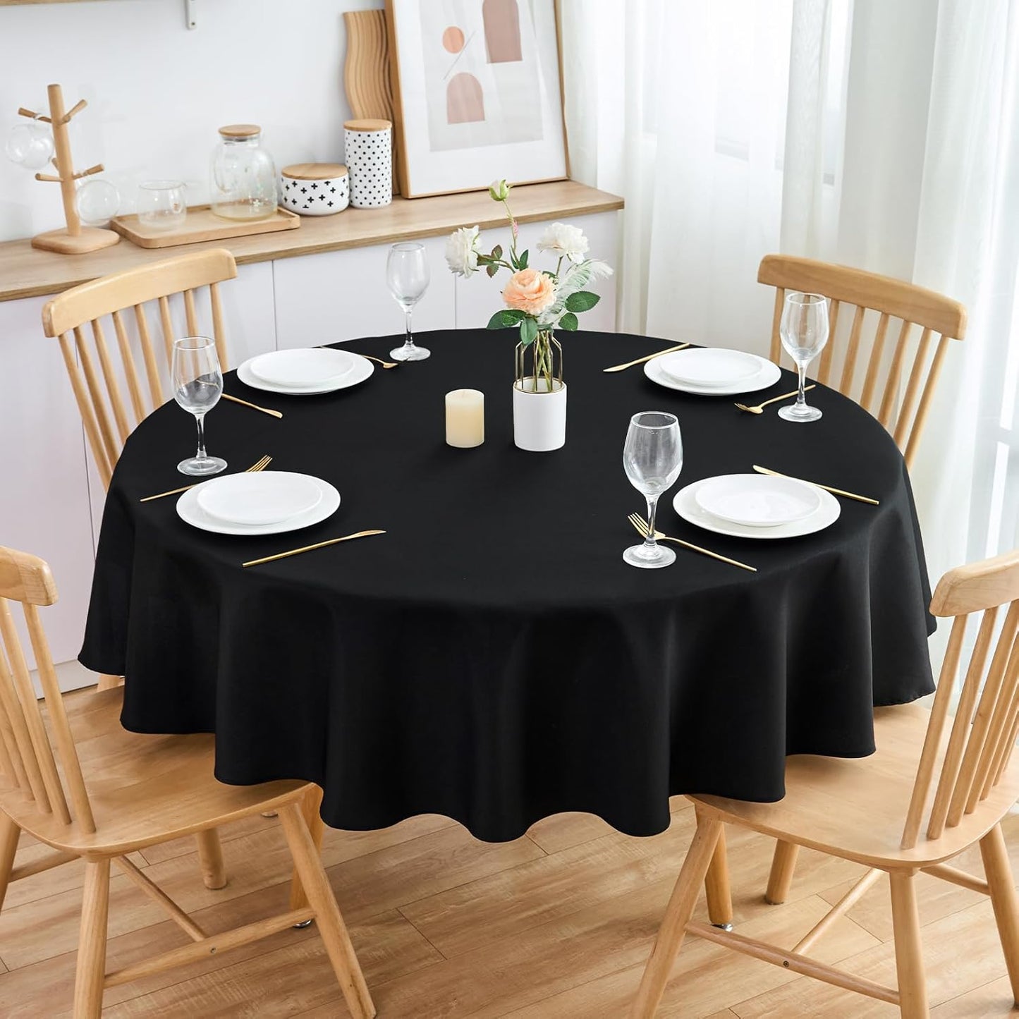 2 Pack Round Table Cloth 48 Inch Black Tablecloth Washable Polyester Solid Dining Table Cover for Birthday Party Dinner Holiday Outdoor Indoor