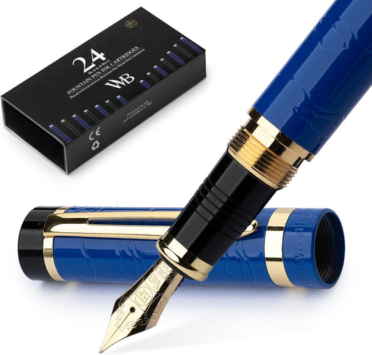 Wordsworth & Black Primori Fountain Pen Set [Blue Gold]; Extra Fine Nib, Gift Case, 24 Ink Cartridges, Refill Converter, Manual; Journaling, Calligraphy, Smooth Writing Pens; Left and Right Handed
