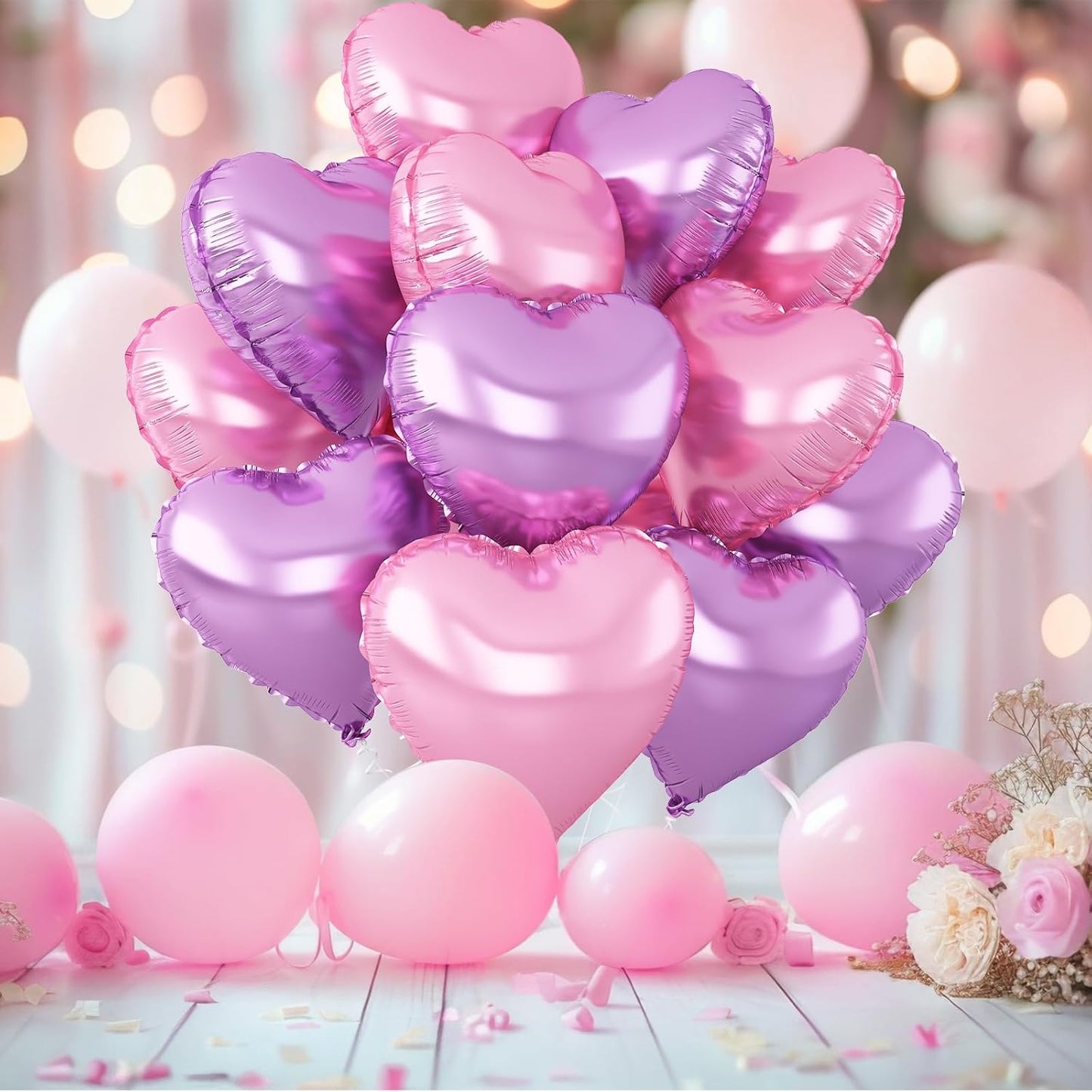Pink Purple Heart Balloons,12Pcs Light Pink Heart Shaped Foil Balloons,18Inch Purple Pink Helium Polyester Film Balloon for Baby Shower Birthday Anniversary Wedding Party Decorations