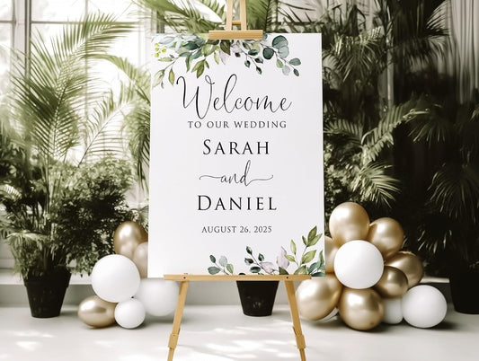 Personalized Wedding Welcome Sign, Greenery Eucalyptus Botanical Wedding Sign Signage 12" X 18" (Small), 27" (Medium), 36" (Large), Plastic, Modern, Pole Mount, Weather