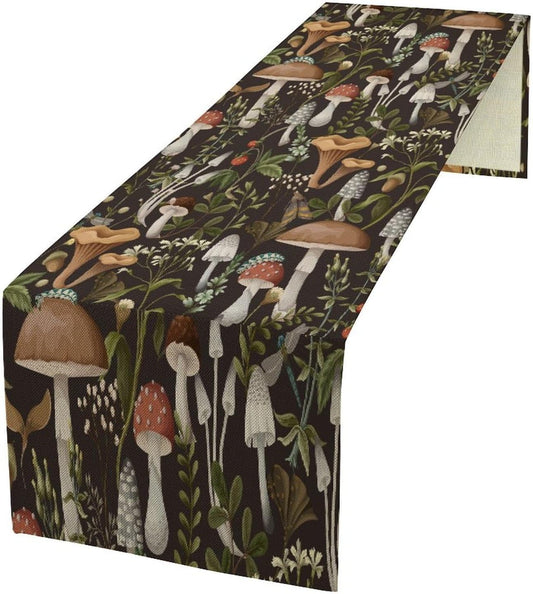 Mushroom Table Runner,Retro Forest Wildflower Botanical Plants Flower Art Pattern Print Burlap Hotel Indoors Outdoor Dining Room Kitchen Holiday Party, 13x90in