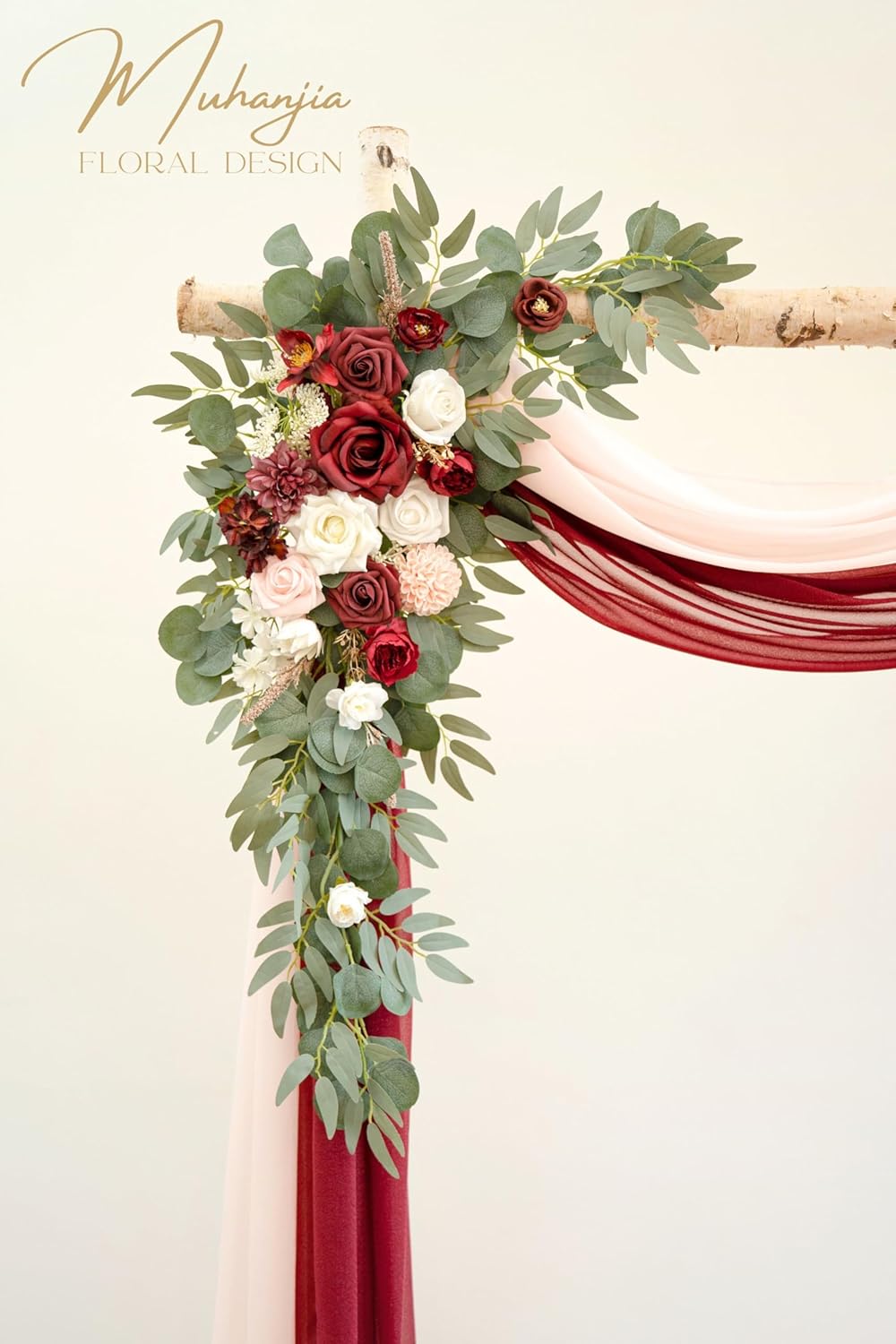 Artificial Wedding Arch Flowers Kit(Pack of 4),2Pcs Artificial Flower Arch Decor, 2Pcs Chiffon Fabric Drapes, Ceremony Decoration, Floral Outdoor Party Decor (Burgundy & Blush)