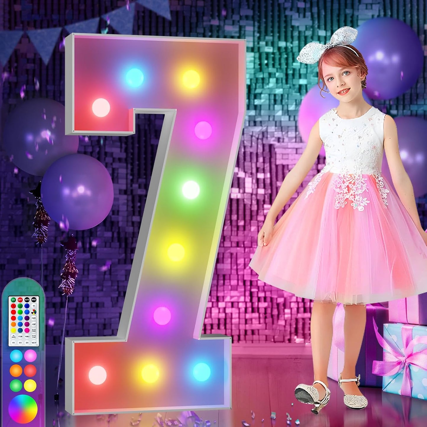 imprsv 4FT Colorful Marquee Numbers,18 Colors Number 7 with Remote, Light Up Numbers Sign for 70th Birthday Decorations Anniversary Party Decor, Pre-Cut Foam Board Kit, Mosaic Sign for Balloon