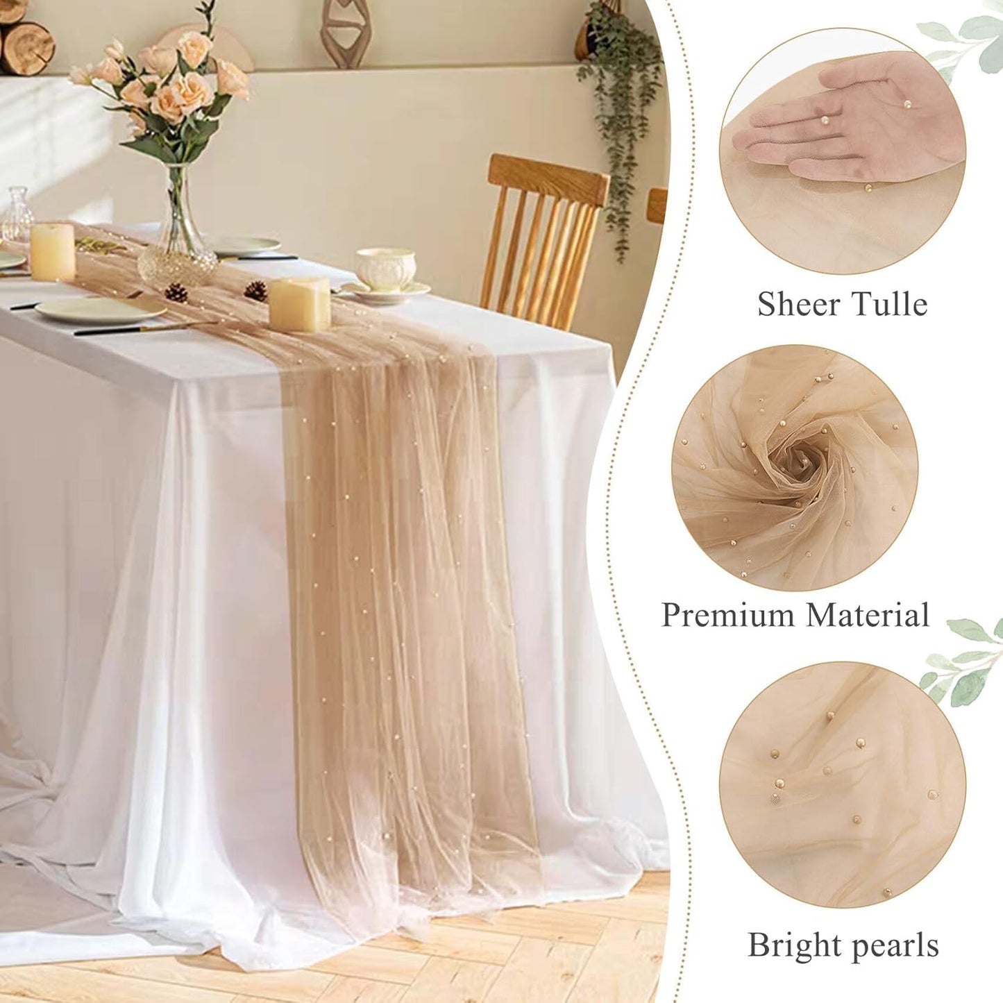 Set of 6 Pearl Table Runner 29 x 120 Inch Tulle Fabric Lace Table Runners Boho Rustic Tablecloth for Bridal Shower Birthday Party Wedding Arch Aisle Veil Dessert Table Decor(Nude)