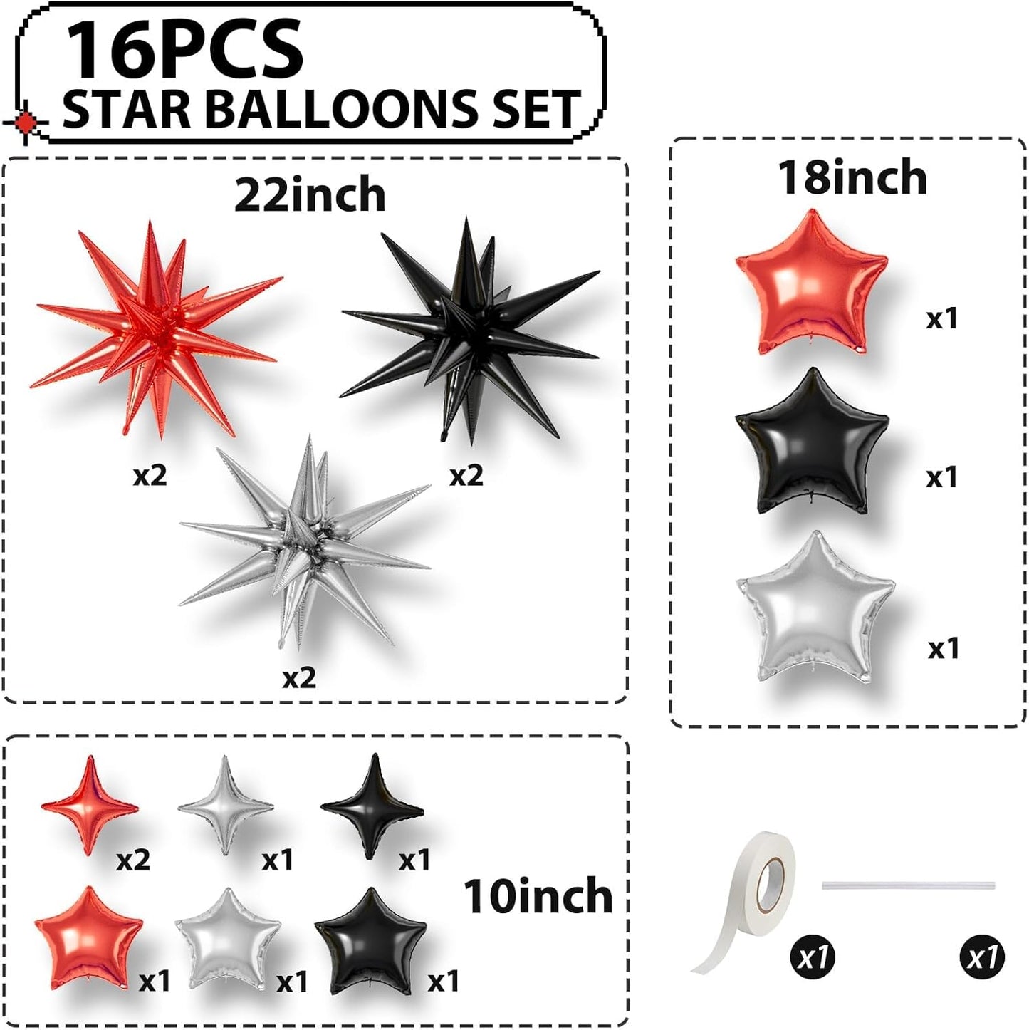 16 Pcs Red Black Silver Star Balloons,22/18/10 Inch Foil Balloons, Four-Pointed Balloon for Birthday Graduation Prom Wedding Baby Shower Movie Party Decorations