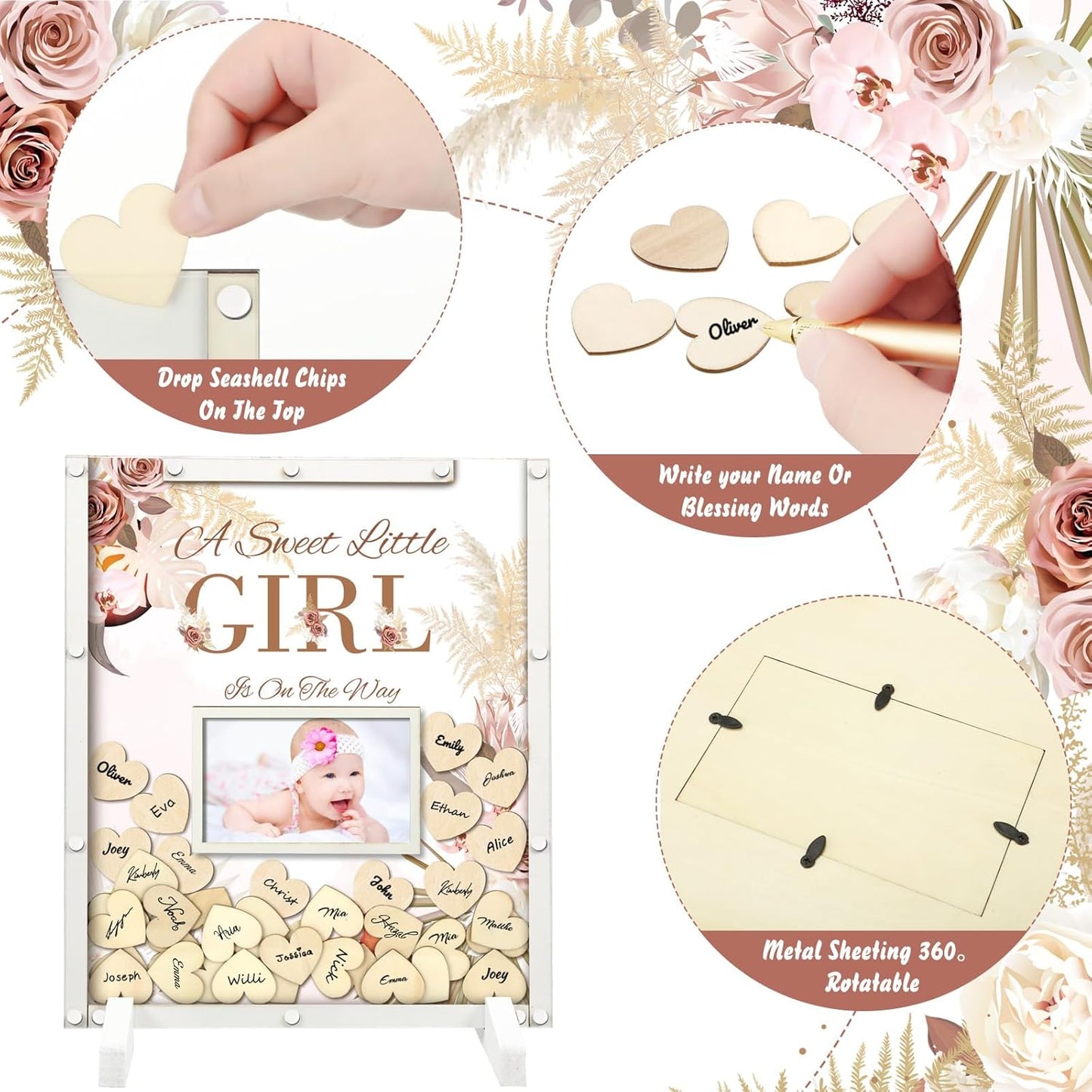 65 Pcs Baby Shower Guest Book Alternatives He or She Gender Reveal Boho Flower Baby Shower Decorations Sign in Guest Book with Picture Frame and 60 Wooden Chip