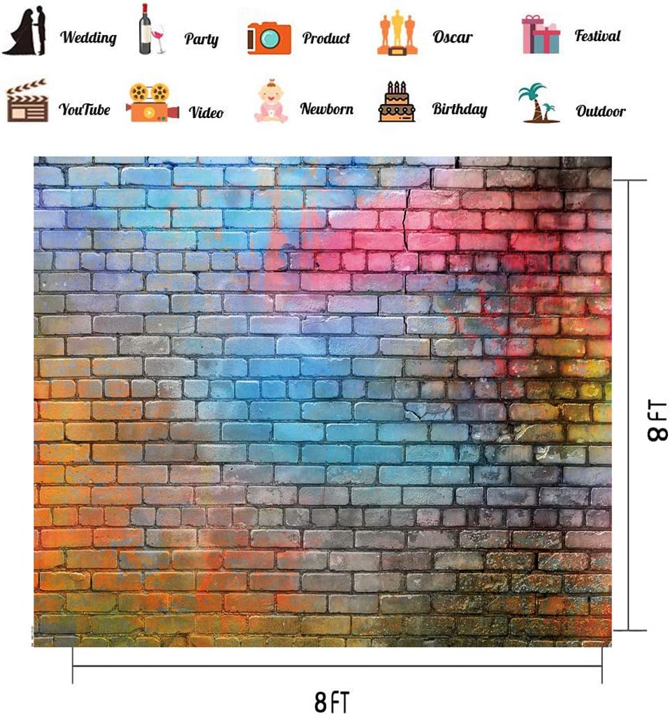 Colorful Graffiti Brick Wall Backdrop 8x8ft – Urban Street Art Background for Photography, Hip Hop Party, Graffiti Theme Event, Studio Wall Decor, Vinyl Photo Booth Banner 081