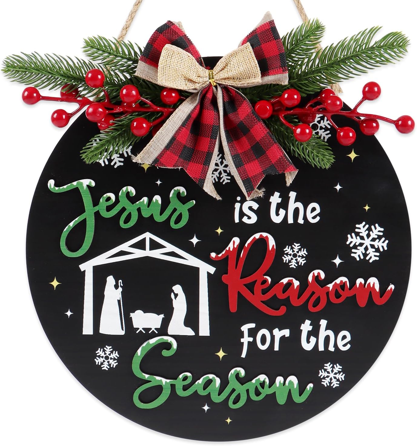 CHDITB Jesus is The Reason for The Season Front Door Sign Wreath(11.4"), Red Green Christmas Decoration Wall Hanging with Snowflakes Bow Berries, Wooden 3D Farmhouse Xmas Decor for Porch Indoor
