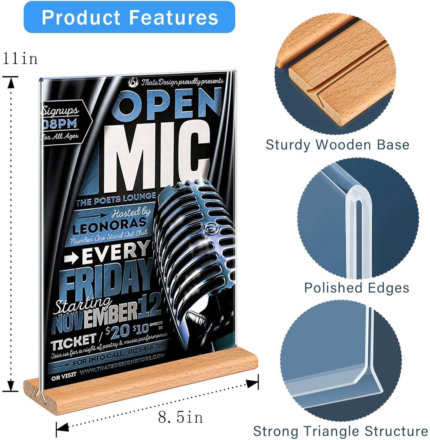 Kersally Acrylic Sign Holder 8.5 x 11, 3 Pack Double-Sided Clear Table Display Stands with Wood Base,Vertical Acrylic Frame Menu Flyer Paper Holder for Stores, Restaurants, Hotels, Office, Show Fair