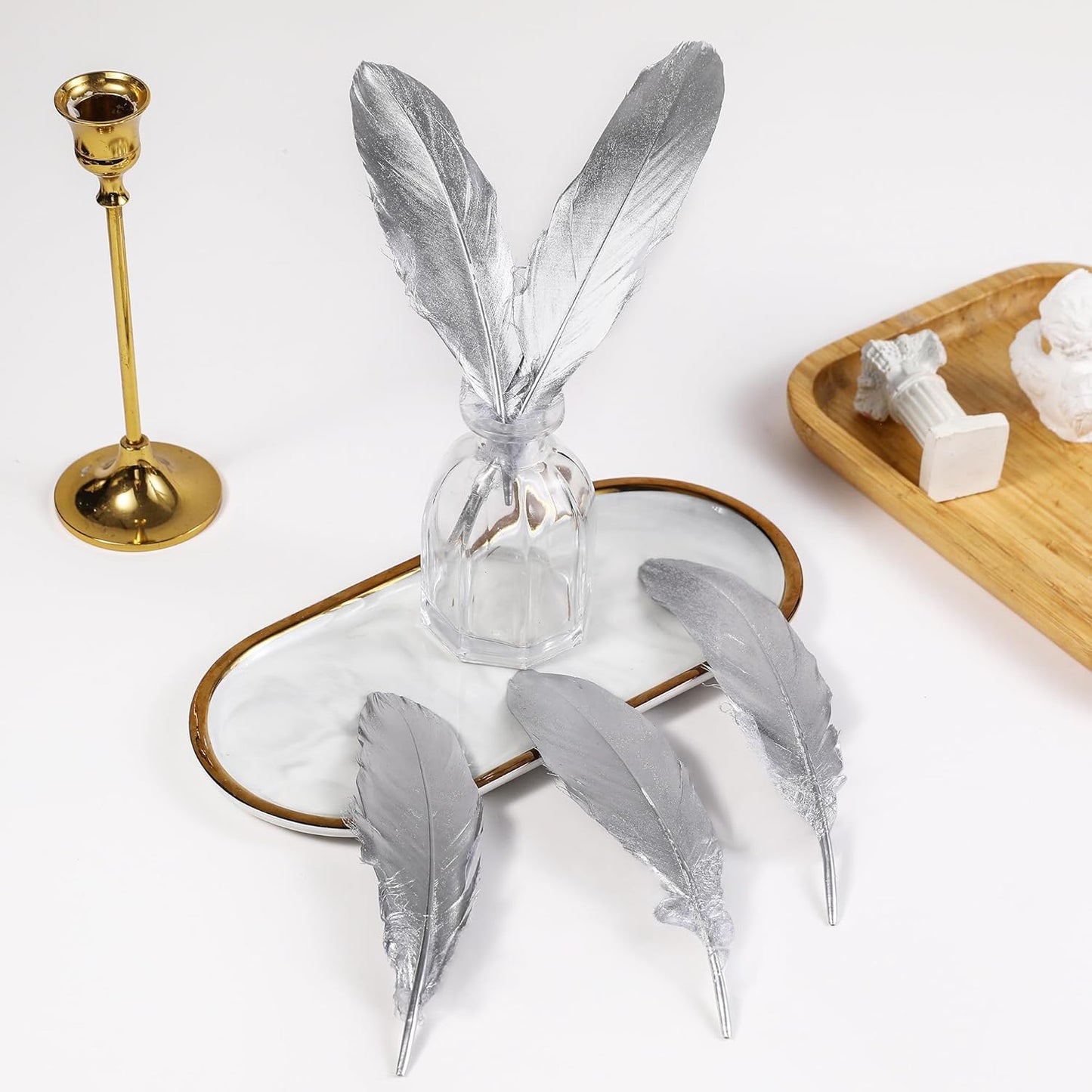 Larryhot Silver Goose Feathers for Crafts - 6-8 inch 60 pcs Natural Feathers for Wedding Party Decorations,DIY Crafts and Clothing Accessories (Silver)