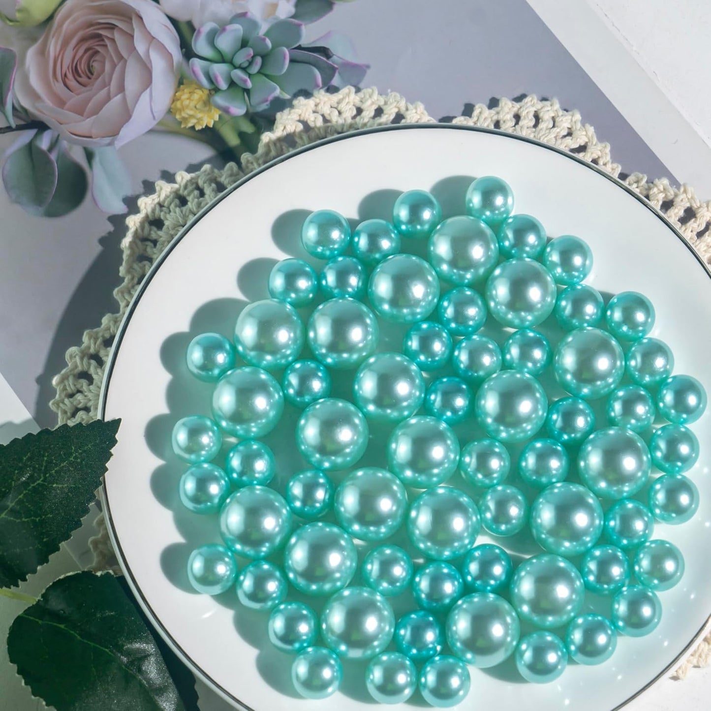 300Pcs Lake Blue Polished No Hole Faux Pearl Beads for Vase Filling Decorations, Plastic Pearls Vase Fillers, Table Scatters, Wedding Centerpiece, Home Decor, 8/14/20 mm