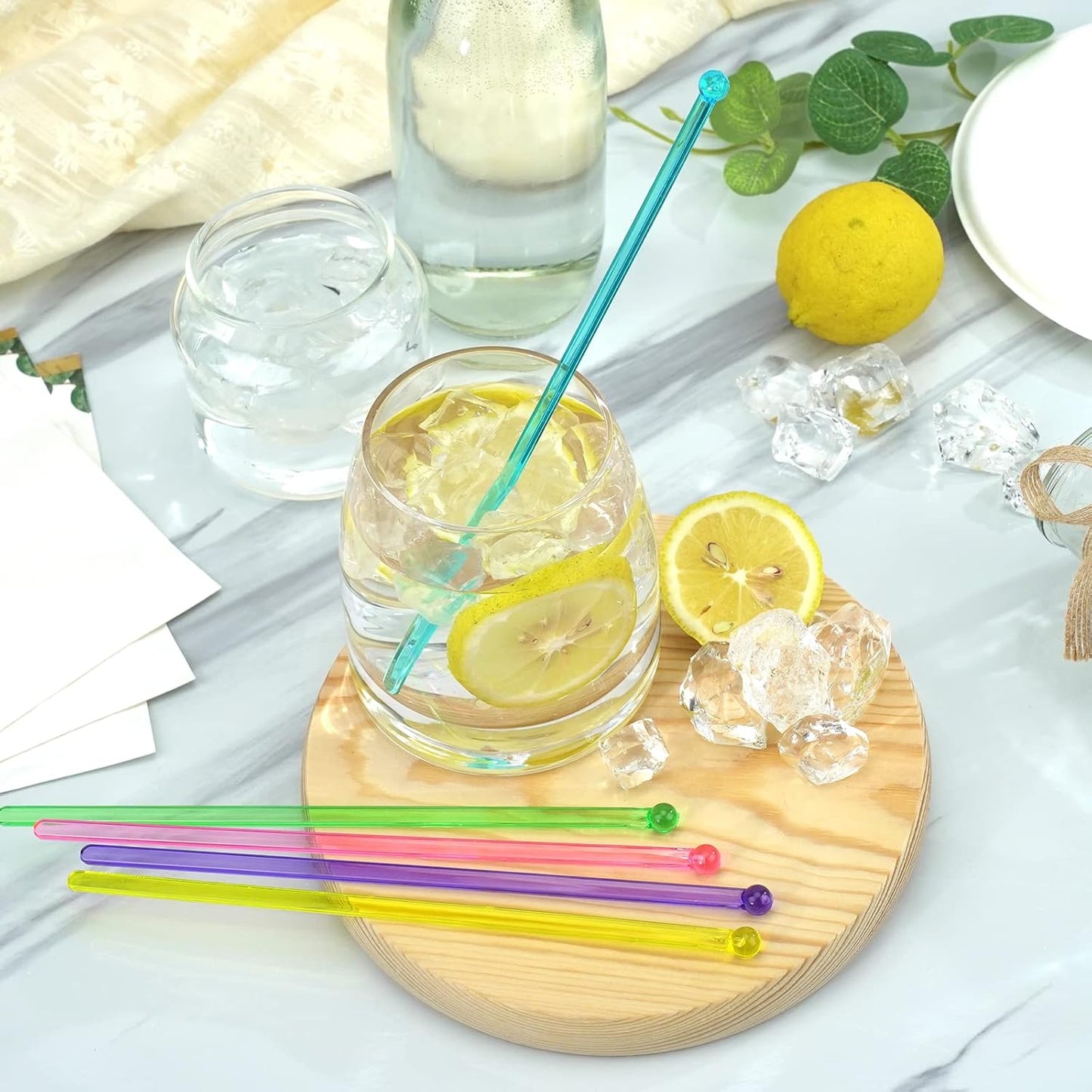 100-PCS 5 Colol Plastic Swizzle Sticks, Crystal Cake Pops, Cocktail Coffee Drink Stirrers, Stir Sticks, 7.24 Inch (Pink, Yellow, Blue, Purple, Green)