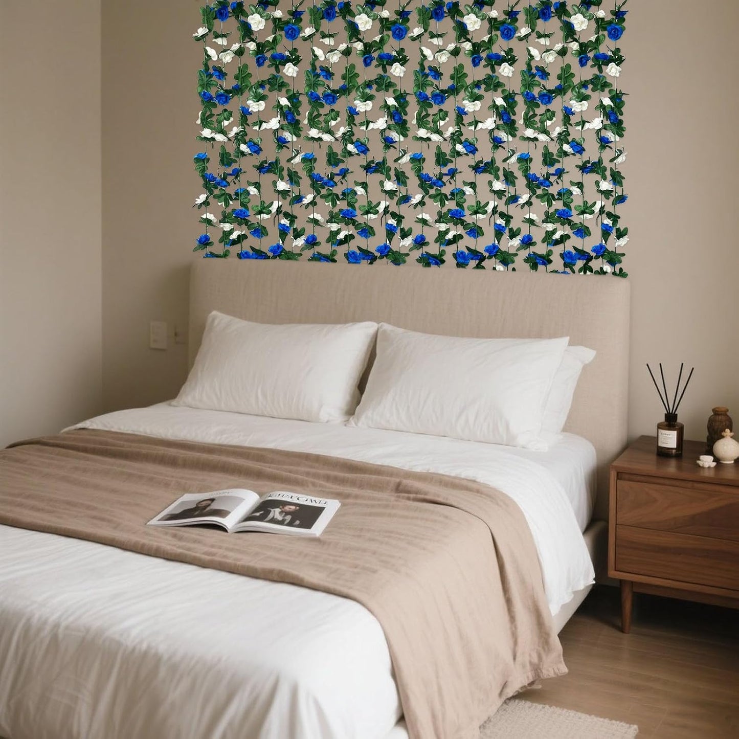 16Pcs 126Ft Royal Blue&White Rose Garland, Fake Rose Hanging Flowers, Artificial Flower Vine, Hanging Floral Vine Garland for Wedding, Wall Arch, Halloween, Christmas Garden Backdrop Decor