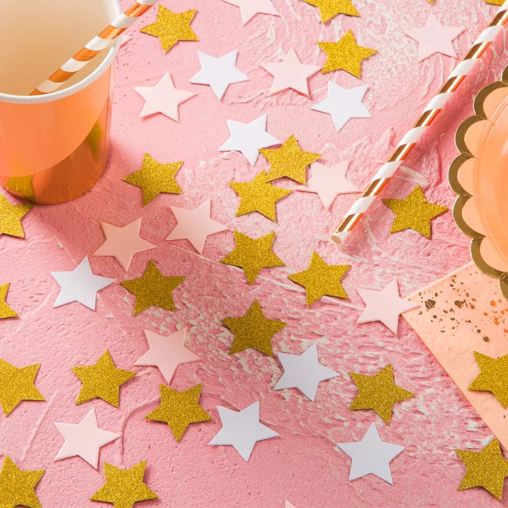 MOWO Glitter Five Stars Confetti Wedding Party Decor and Table Decor, 1.2’’ in Diameter (glitter gold,pink,white,200pc)