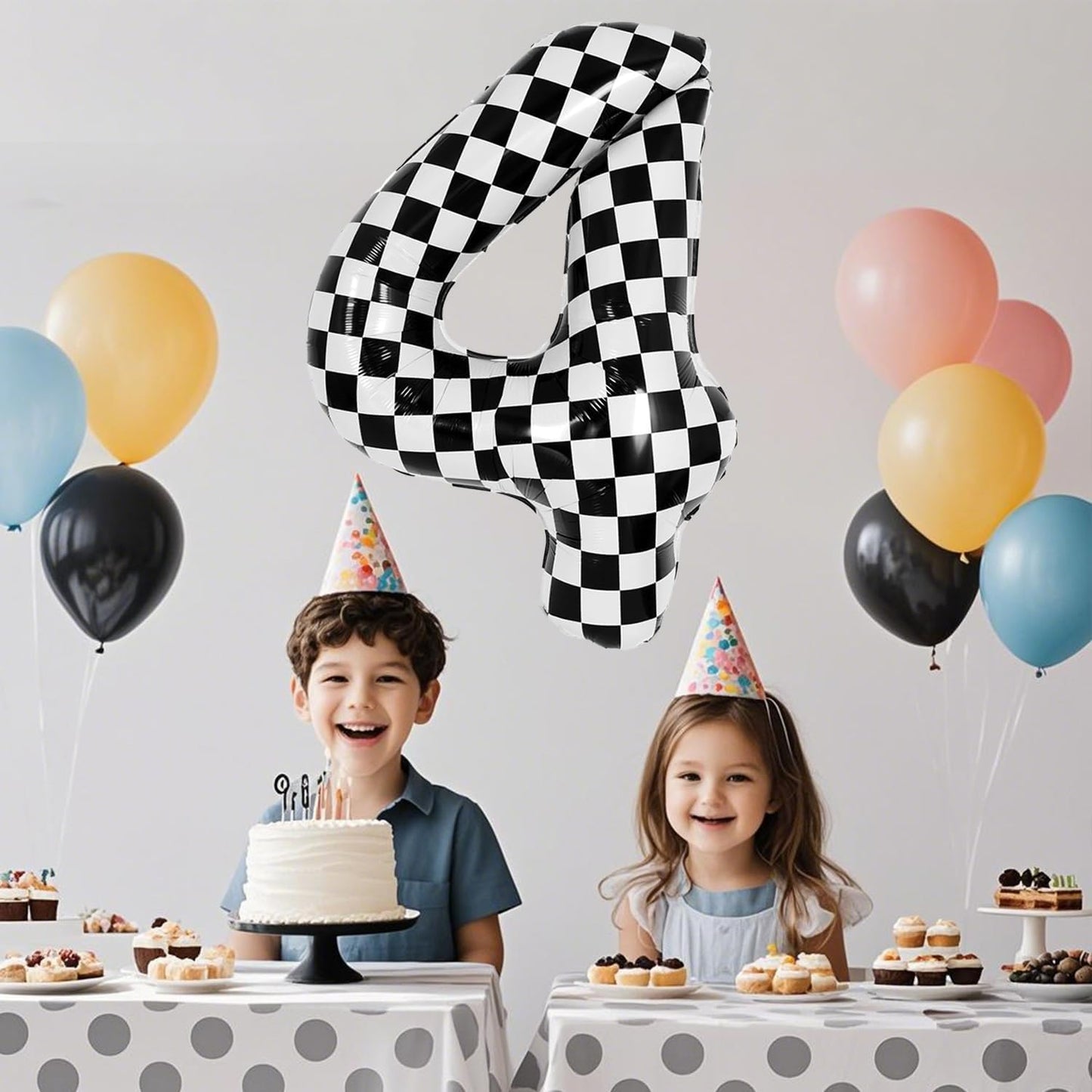 40 Inch Checkered Number Balloon - Race Flag Pattern Big Helium Balloon for Birthday Party Decorations - Black & White Balloon for Kids Adults Party Supplies (Racing Car, Number 4)