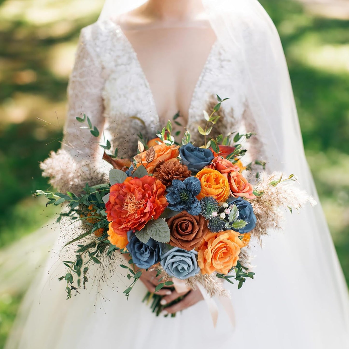 AmyHomie Teal Orange Artificial Flowers Combo Silk Mix Peony Rose Fake Flowers w/Stem for DIY Wedding Bouquets Centerpieces Arrangements Table Fall Decor Party Bridal Baby Shower Home Decorations