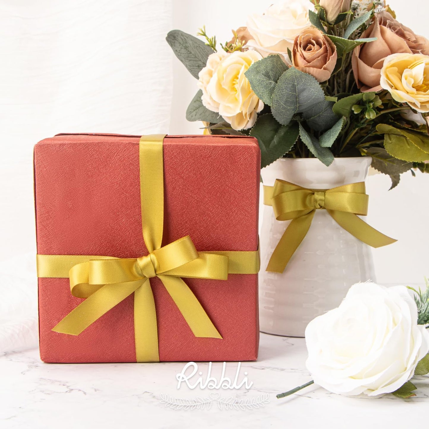 Ribbli Gold Satin Ribbon 5/8 inch x Continuous 25 Yards,Double Faced Satin Use for Craft, Gift Wrapping, Christmas Ornaments, Hair Bows, Bouquet Bows