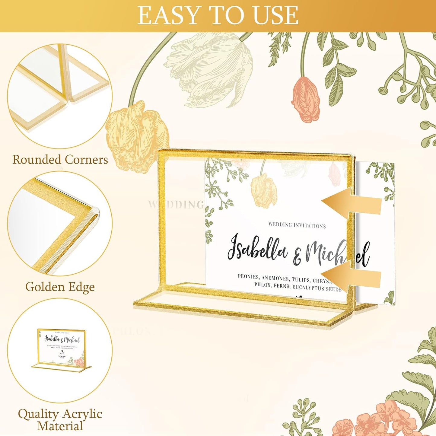 Hoteam 24 Pack 6 x 4 Clear Acrylic Sign Holder with Gold Borders, Gold Picture Frame, Double Sided Wedding Table Number, Acrylic Menu Stands for Wedding Table, Restaurant Sign, Photos Display