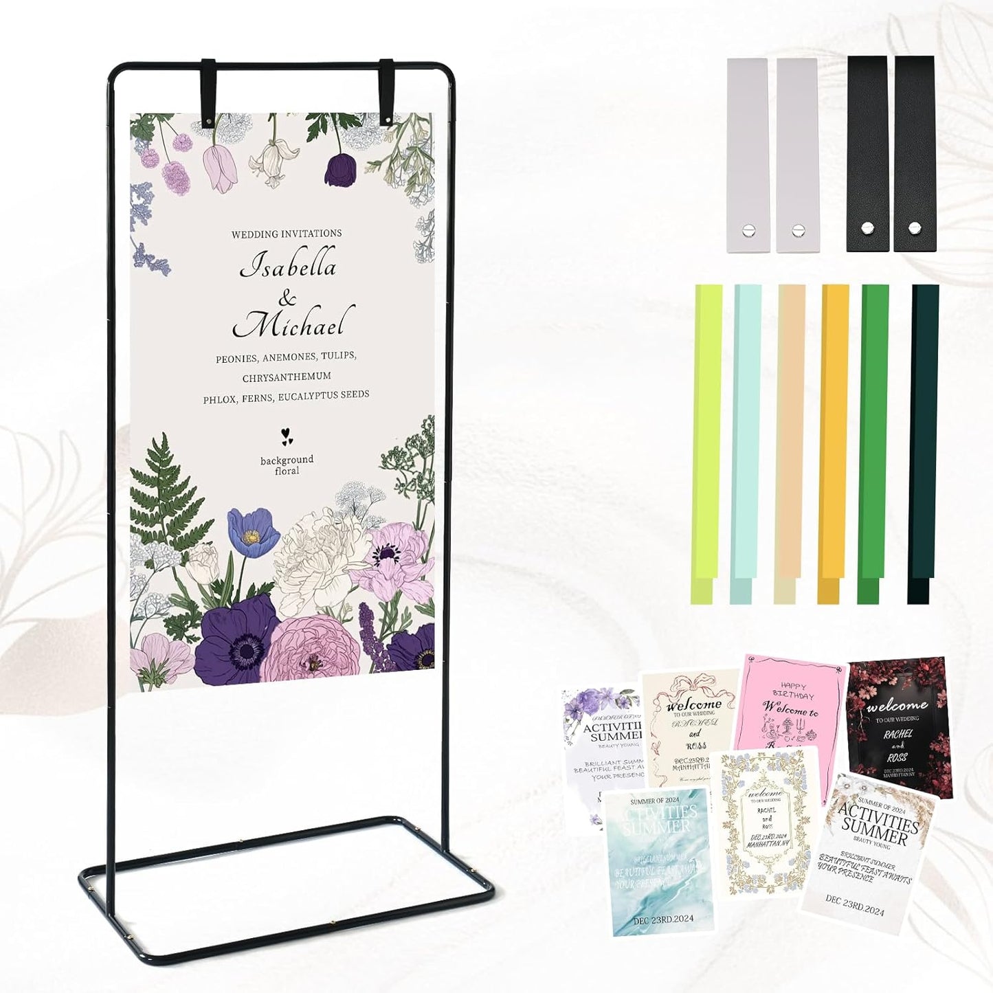 Wedding Sign Stand - Adjustable Wedding Sign W/Design Bundle & Leather Sign Hanging Straps, Durable Metal Easel Stand for Wedding Welcome Signs, Seating Charts, Ceremony & Reception Decor (Black)