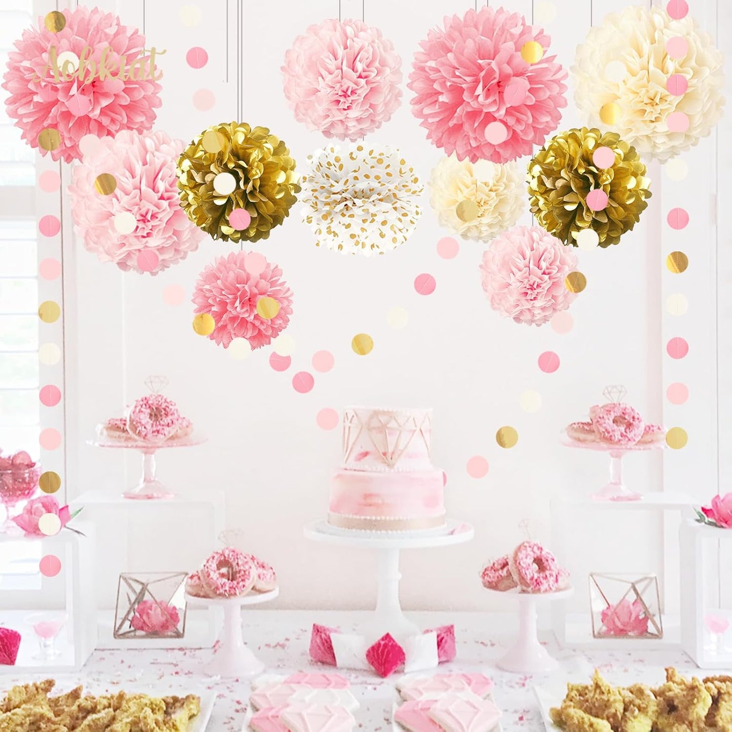 AOBKIAT Wedding Baby Shower Decorations Set,15PCS Pink Gold Tissue Paper Pom Poms,Circle Dots Colorful Paper Garland String Hanging Backdrop for Birthday Party,Gender Reveal Celebration Decor