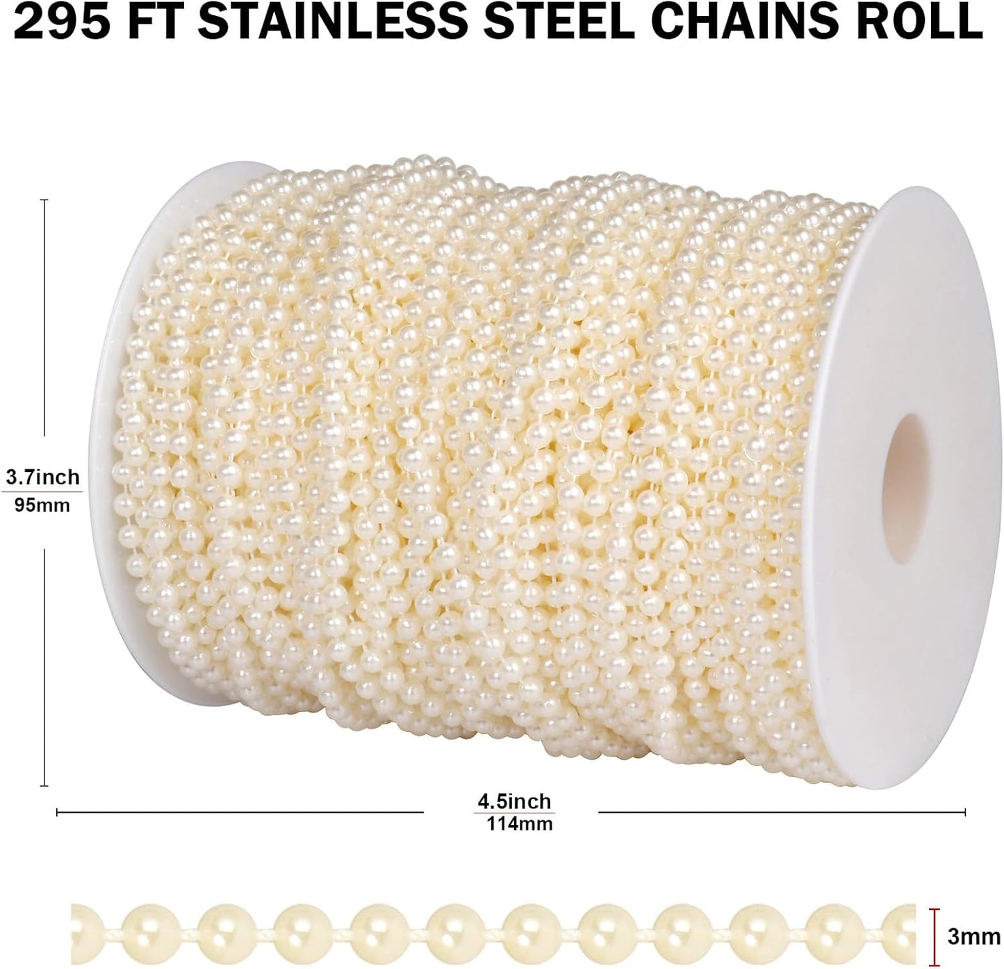 295 FT Pearl Beads Garland for Decoration, 3MM Craft Pearl Beads String Roll Spool for DIY Craft Wedding Party Christmas Tree Decoration