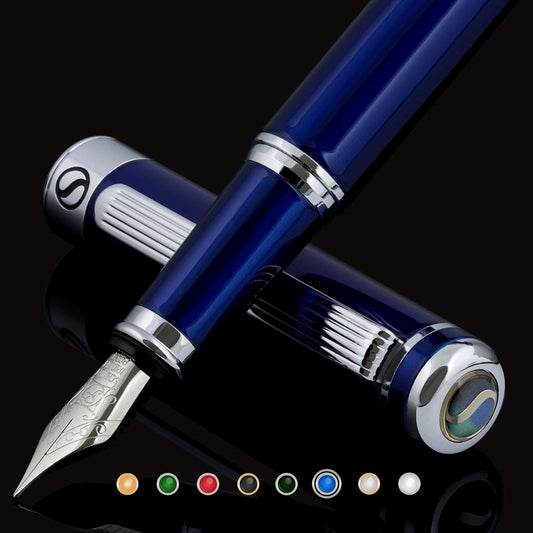 Scriveiner Midnight Blue Fountain Pen - Stunning Luxury Pen with Chrome Appointments, Schmidt Nib (Fine), Best Pen Gift Set for Men & Women, Professional, Executive, Office, Nice Pens