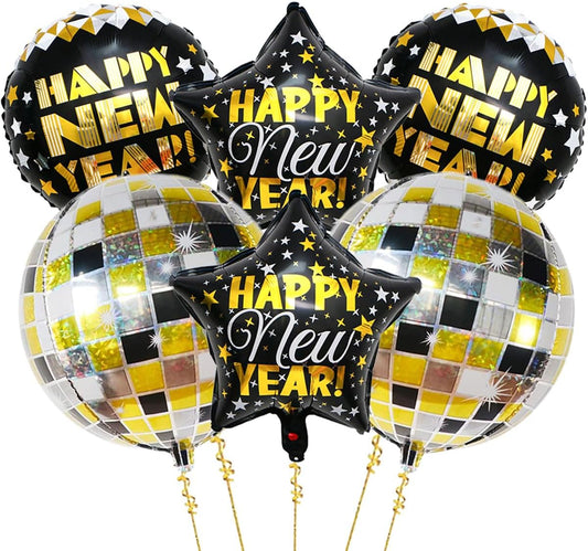 Happy New Year Balloons, 8pcs (2x22" Disco, 2x18" Round, 2x18" Star) - Black & Gold, Reusable, Self-Sealing Foil Balloons for New Year Party Decorations, Adults & Unisex