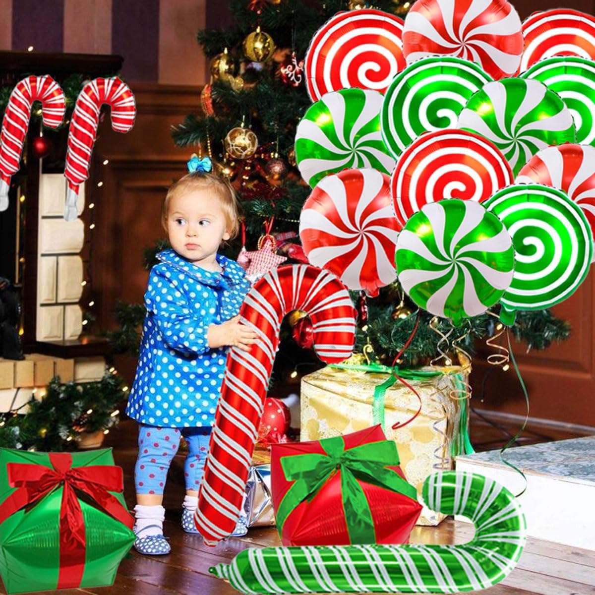 Christmas Cane Candy Balloons Red Green Candy Cane Gift Box Foil Balloons for Sweet Candies Theme Party Decorations 30 Pcs