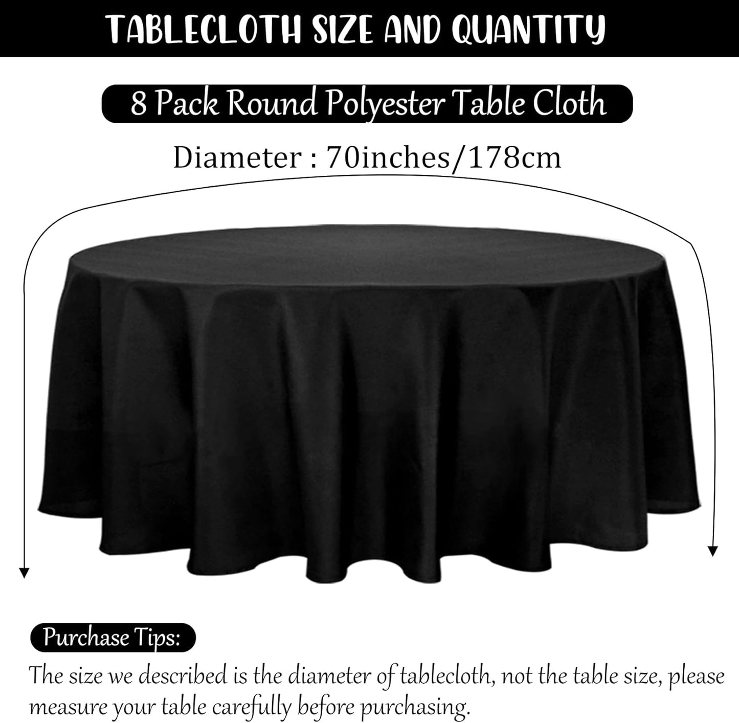 8 Pack Round Tablecloth 70 Inch Black Round Table Covers Bulk Washable Polyester Fabric Table Clothes for Wedding Party Reception Banquet Buffet Restaurant (Black, 70 Inch)