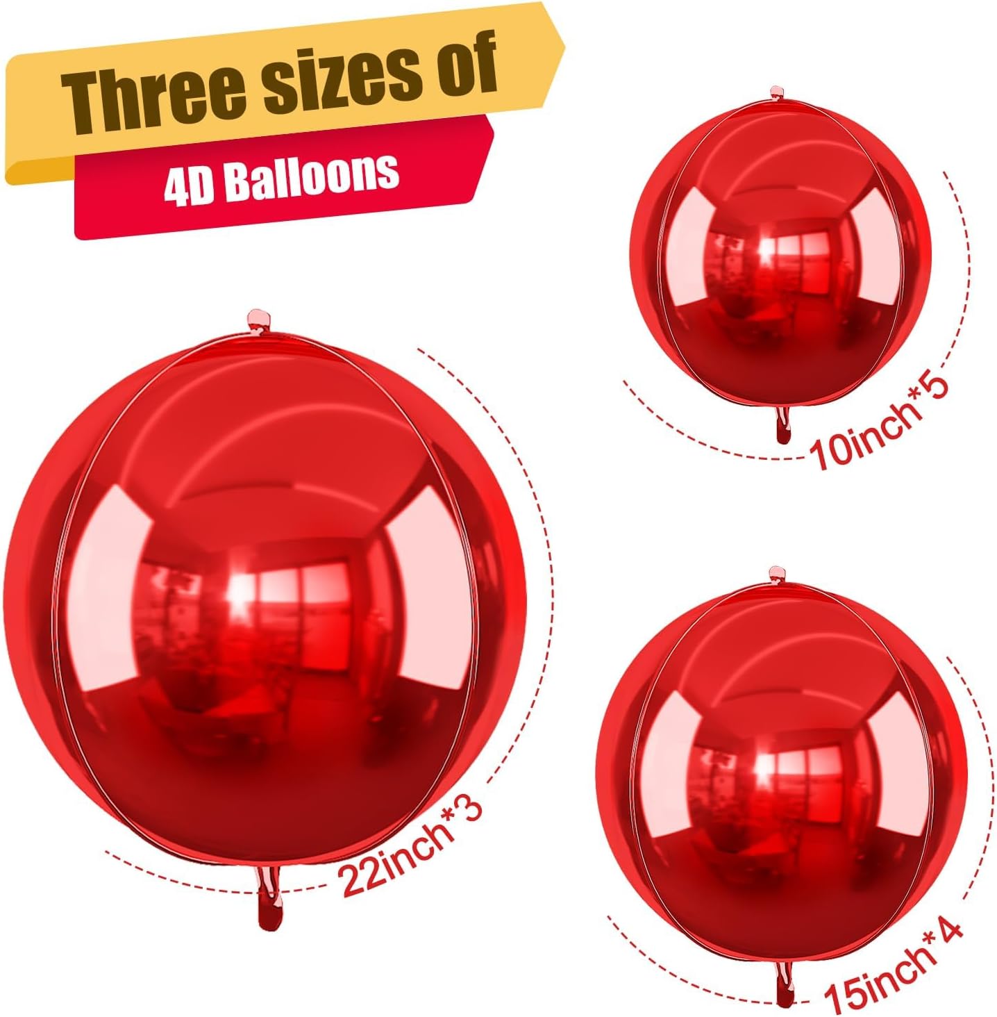 12Pcs Red Round Foil Balloons, 22" 15" 10" 4D Ball Balloons, Metallic Red Foil Balloon for Wedding Birthday Graduation Christmas New Year Party Decoration Supplies Backdrops
