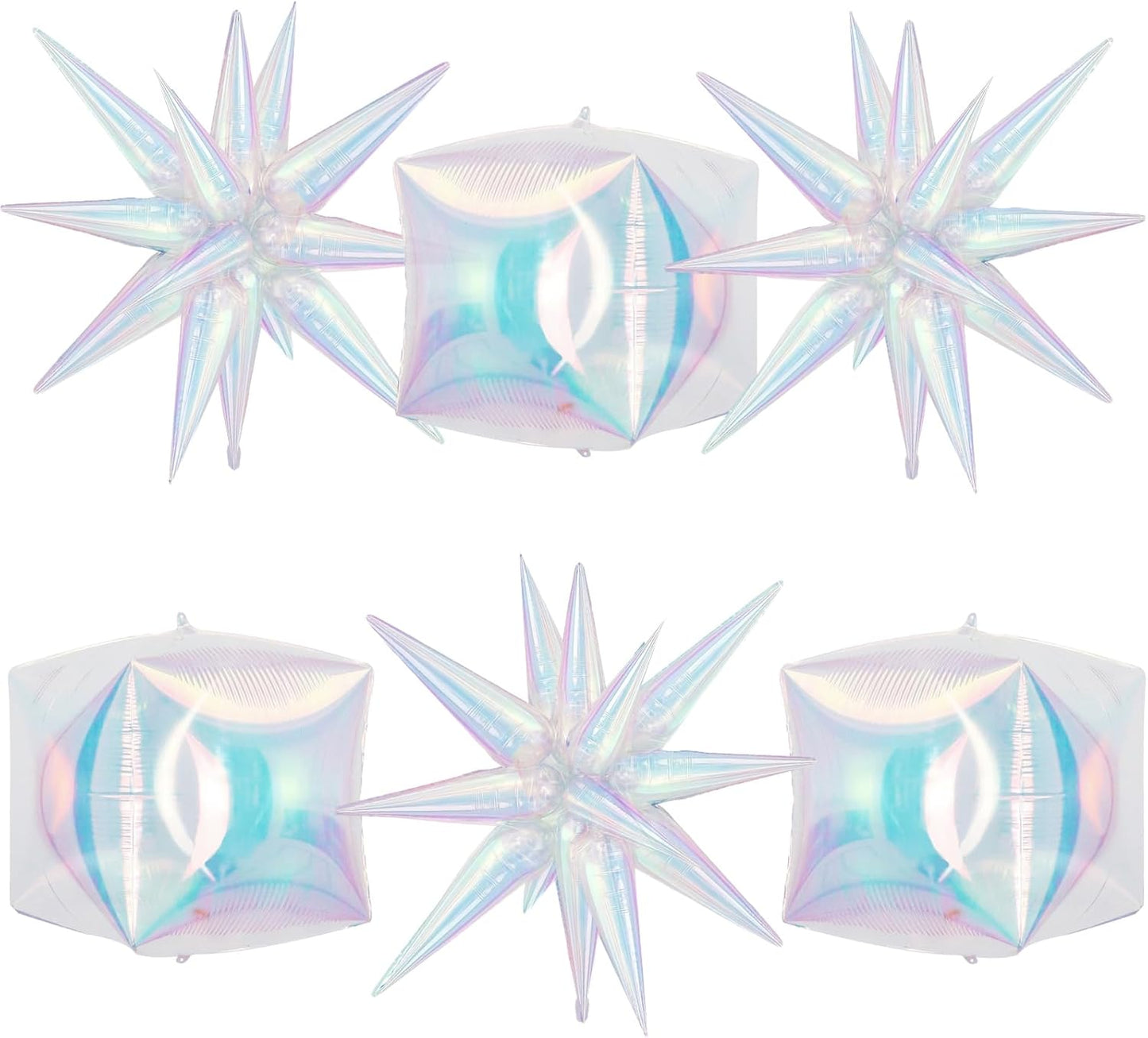 6Pcs Iridescent Foil Balloons, 22in Square Foil Balloons and Explosion Star Iridescent Balloon, Holographic Clear Cube Ball Balloon for Birthday Mermaid Rainbow Wedding Party Supplies