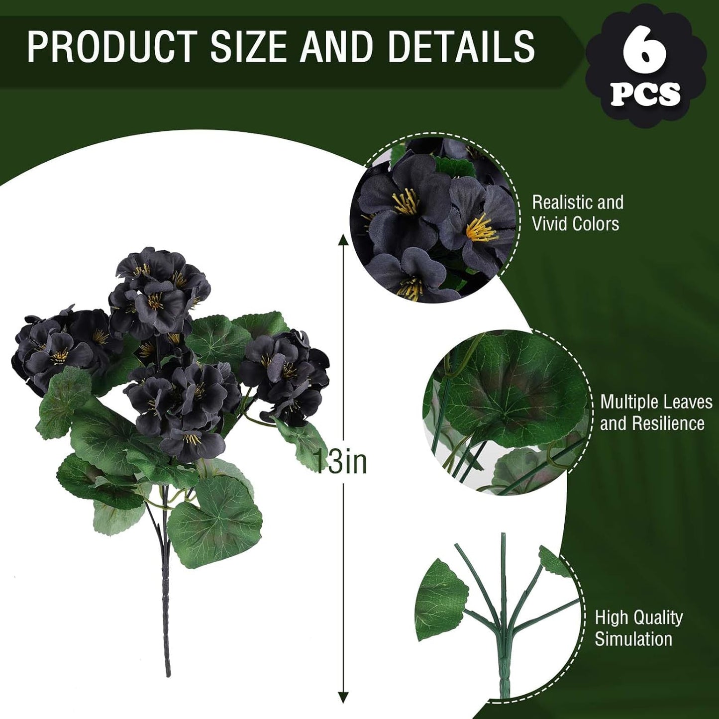 Hananona 6 Pcs Artificial Geranium Flowers for Outdoors Geranium Silk Flowers Outdoor UV Resistant Garden Plants Faux Black Flower for Home Kitchen Halloween Table Centerpieces Decor (6, Black)