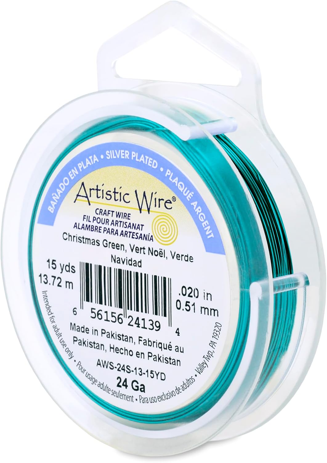 Artistic Wire, 24 Gauge Silver Plated Tarnish Resistant Colored Copper Craft Wire, Christmas Green, 15 yd