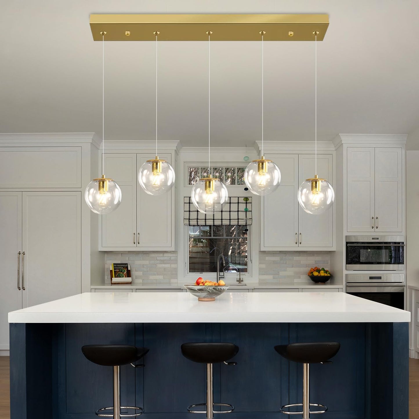 5-Lights Modern Rectangle Chandelier Globe Pendant Light,Gold Linear Globe Chandeliers for Dining Room and Kitchen Island