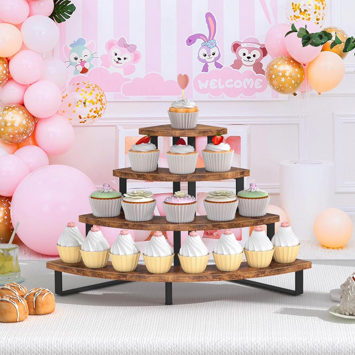 ELITEROO Cupcake Tier Stand, Wooden Cup Cake Stand Stairs, 4 Tier Dessert Table Display Set for Cookie Cocktail Candy Donut, Display Riser for Vendors Craft Show, Rustic Brown Curved Corner