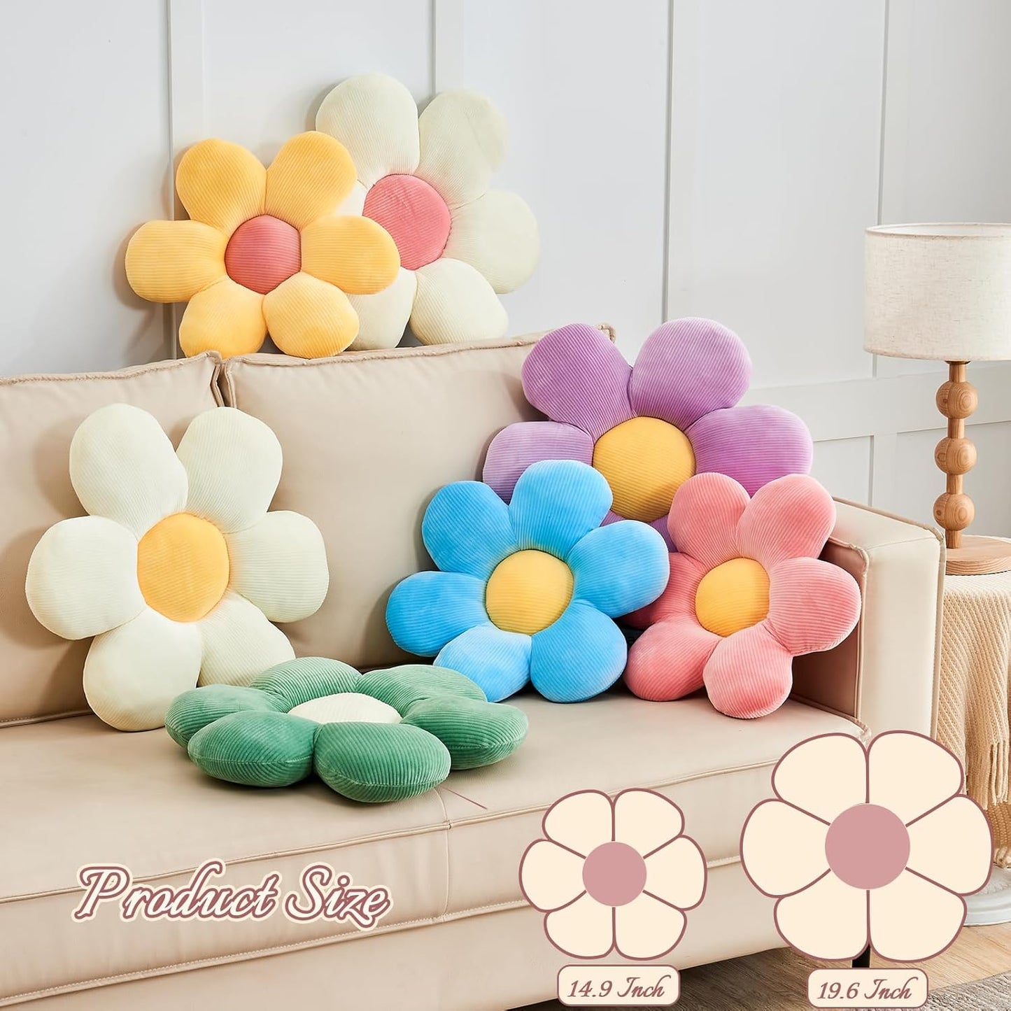 White Pink Flower Pillow, 14.9" Cute Flower Shaped Floor Pillow, Aesthetic Floral Plush Daisy Decorative Throw Pillows for Bed Sofa Couch