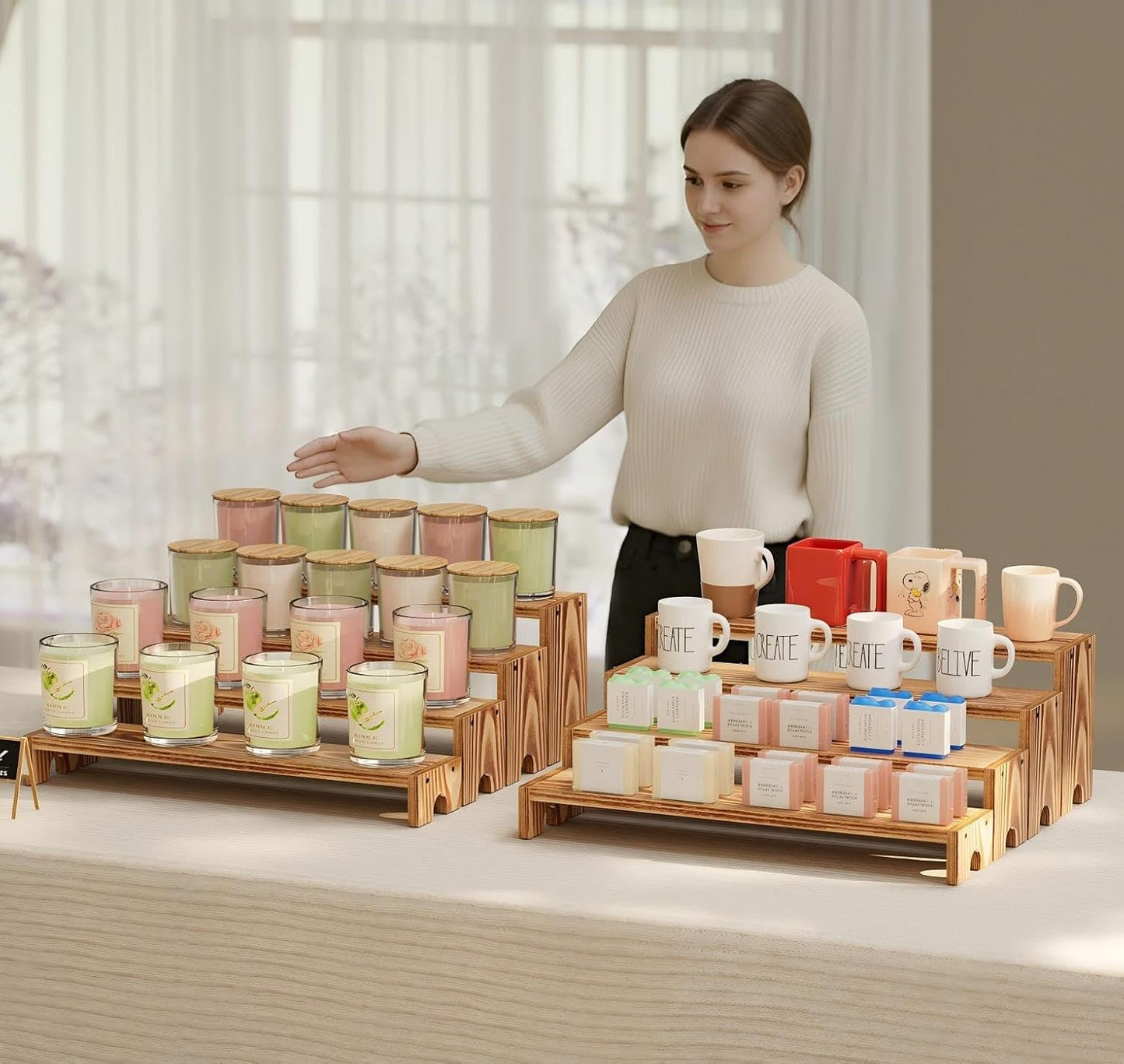 Large Wooden Tiered Riser Display Stands, 14Inch x 16 Pack Perfume Organizer Cologne Stand for Men Women,Tiered Shelf Organizer,Wooden Cupcake Stand Dessert Table Display Set,Display Stands Shelf for Vendor Events