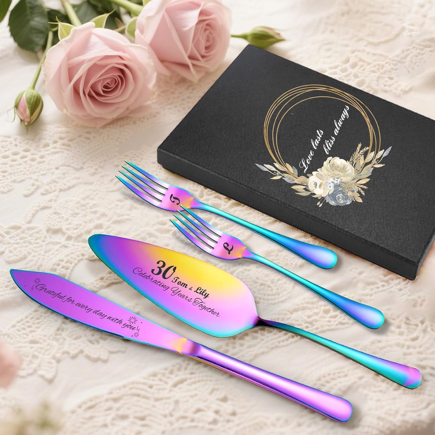 Personalized 4 Piece Wedding Cake Cutting Set, Custom Names Cake Knife and Server set with Forks, Anniversary Birthday Bridal Wedding Registry Gifts (Multi-color)