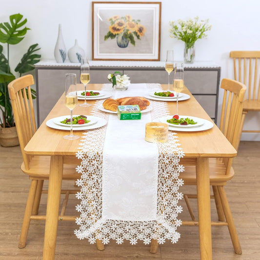 White lace Premium Rectangle Farmhouse Table Runner Waterproof OilProof SpillProof AntiShrink Soft Wrinkle Resistant Decorative Fabric Table Cover Kitchen Dinning Party Wedding Banquet