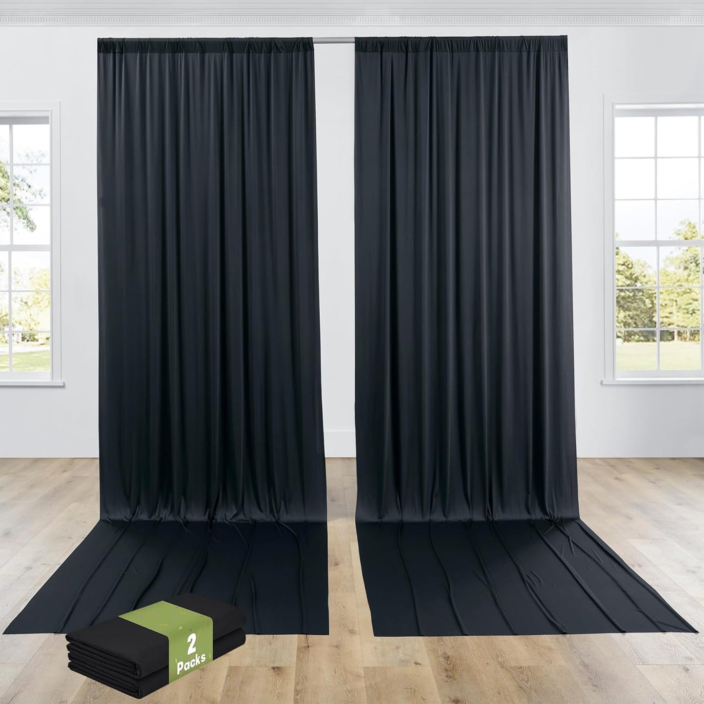 PartyVillage 10ft×15ft Black Backdrop Curtain for Halloween Parties, 2 Panels Wrinkle Free 15 FT Long Polyester Photo Backdrop Drapes Back Drop Cloth for Birthday Photography Background