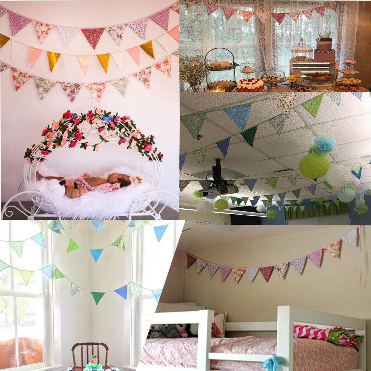 10M/32Ft Triangle Bunting Banner, 36 Pcs Cotton Fabric Flags Pennant Garlands for Birthday Party, Wedding, Baby Shower, Outdoor and Home Decorations (Green)