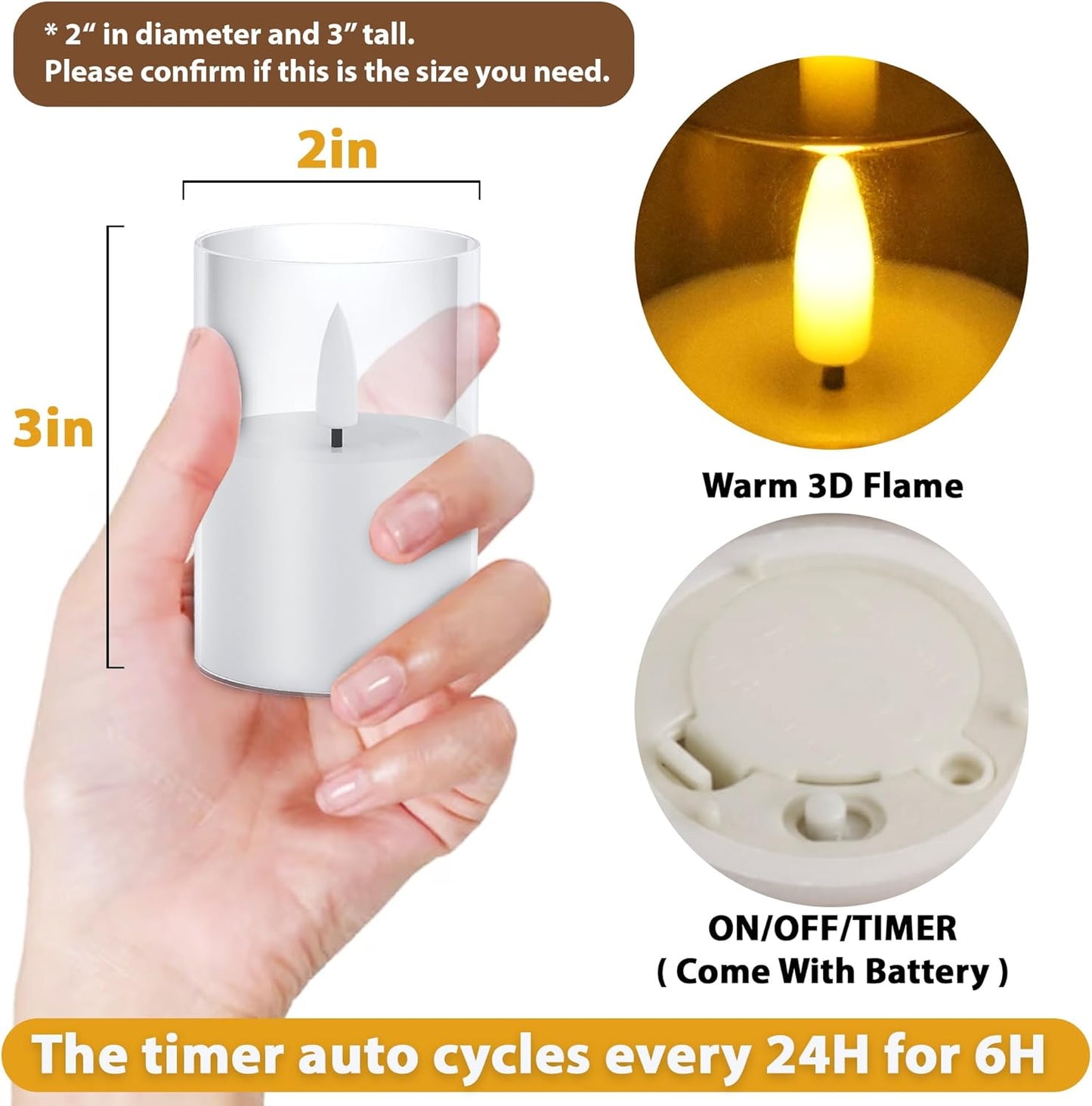 12Pack Flickering Flameless LED Candles with Timer, Battery Powered - Small Pillar & Votive, Clear (2"X3")