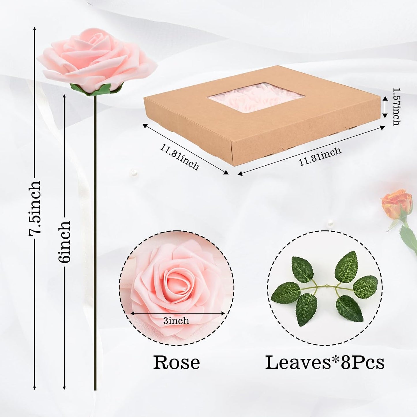 BLEUM CADE 36Pcs Artificial Flowers Fake Roses with Stems, Pink Boxed Foam Roses for DIY Bouquets Centerpieces Wedding Party Arrangement Bridal Shower Decor