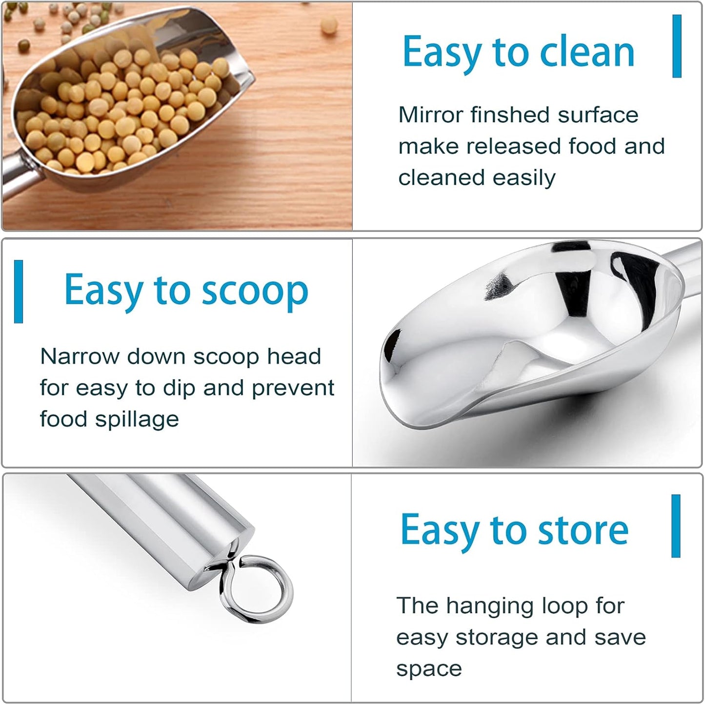 P&P CHEF Canister Scoop Set of 3, Ice Candy Scoop, Stainless Steel Multipurpose Food Scooper for Buffet Jar Freezer, Mirror Finish & Dishwasher Safe, Silver, 3+3+3 Oz